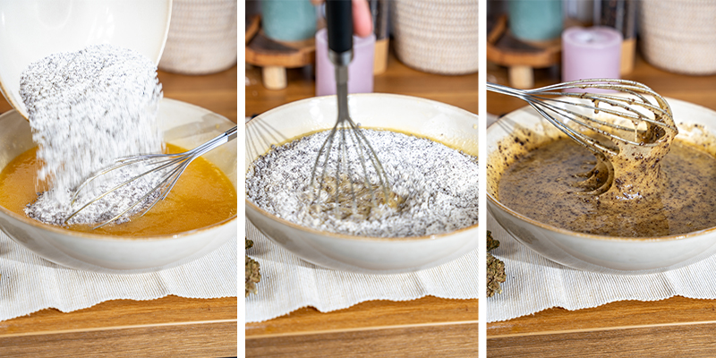 Gradually add the dry ingredients to the wet mixture, stirring until the batter is uniform and there are no lumps left.